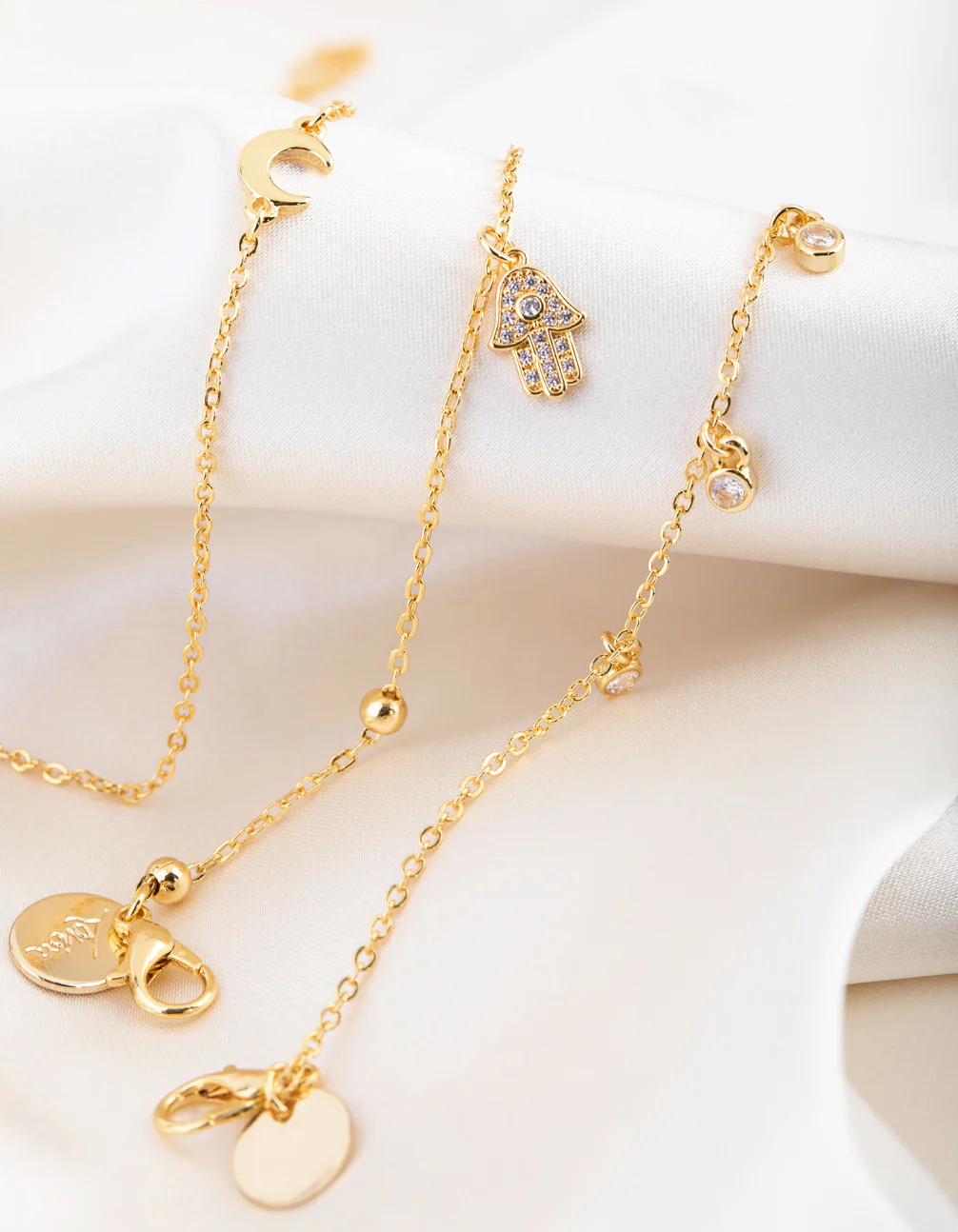 18ct Gold Plated Cubic Zirconia Hamsa & Moon Bracelet Set - Image 2