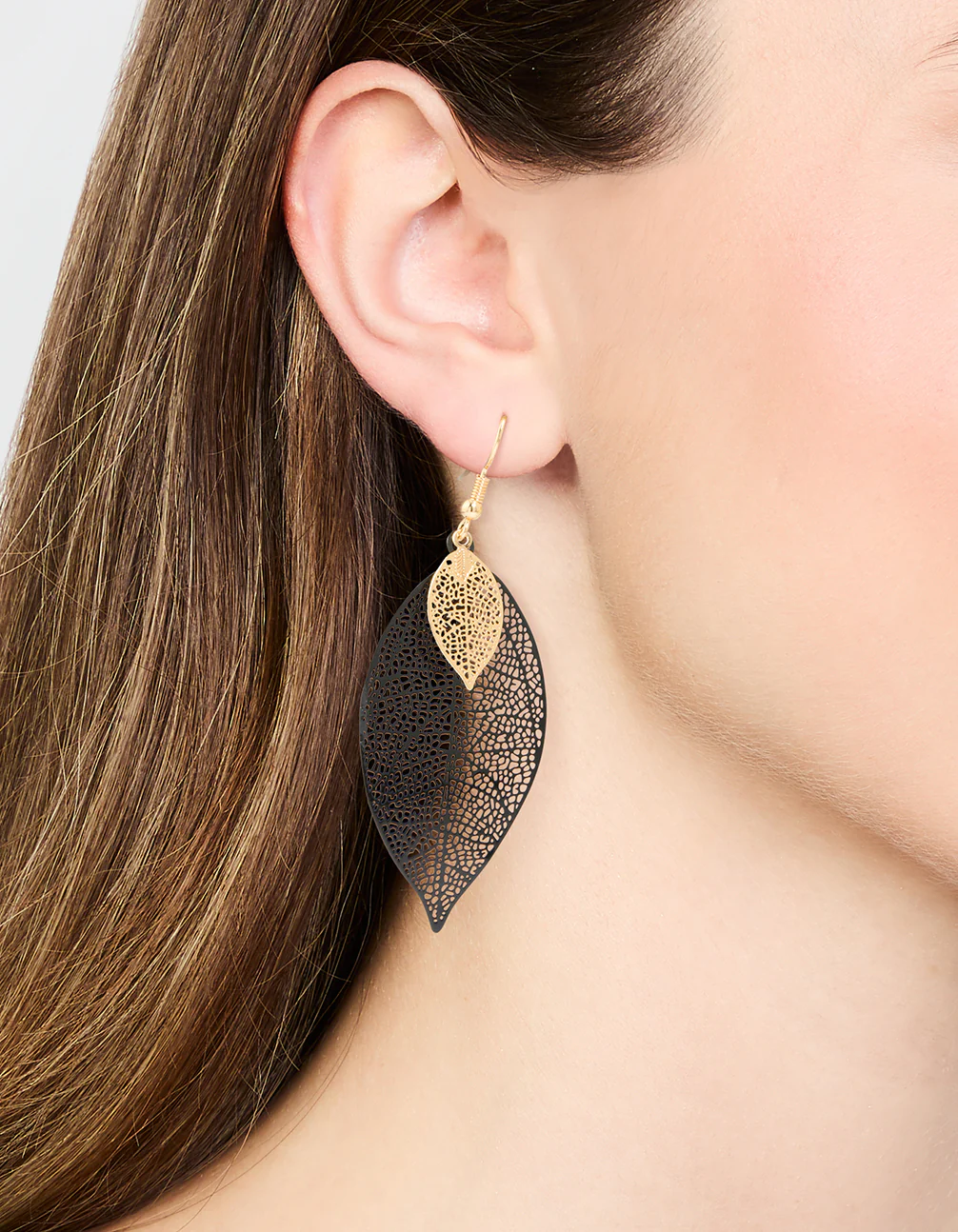 Black Double Leaf Drop Earrings - Image 2