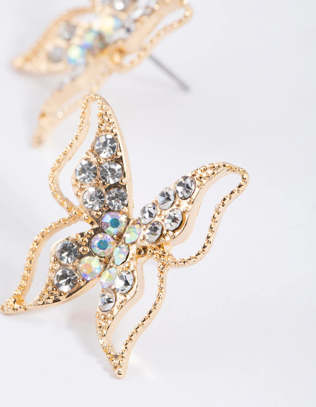 Gold Large Diamante Butterfly Stud Earrings - Image 2