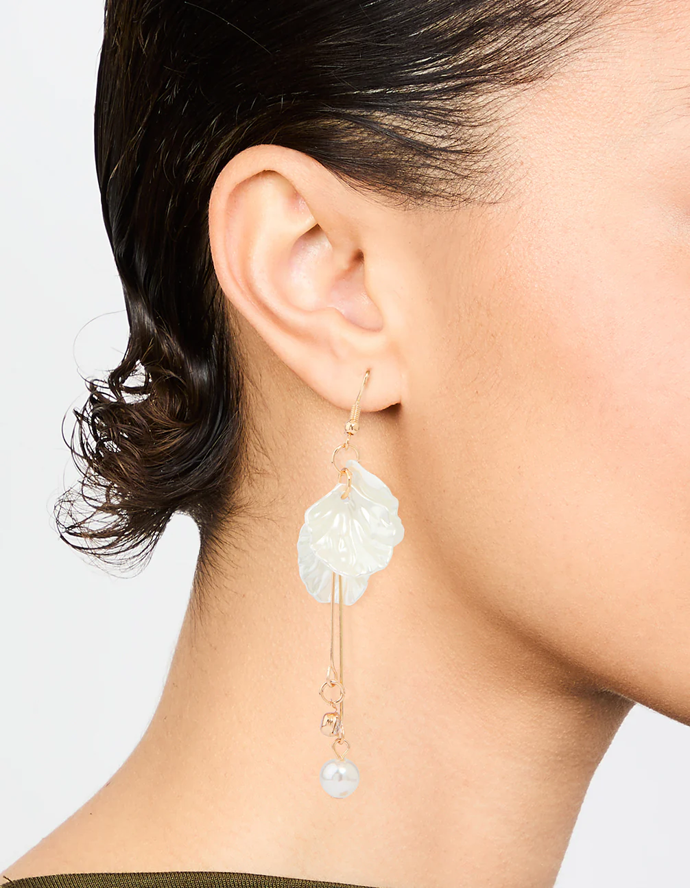 White Pearl Petal Stick Drop Earrings - Image 2