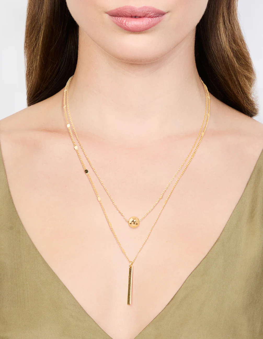 Gold Bar & Ball Double Chain Short Layered Necklace - Image 2