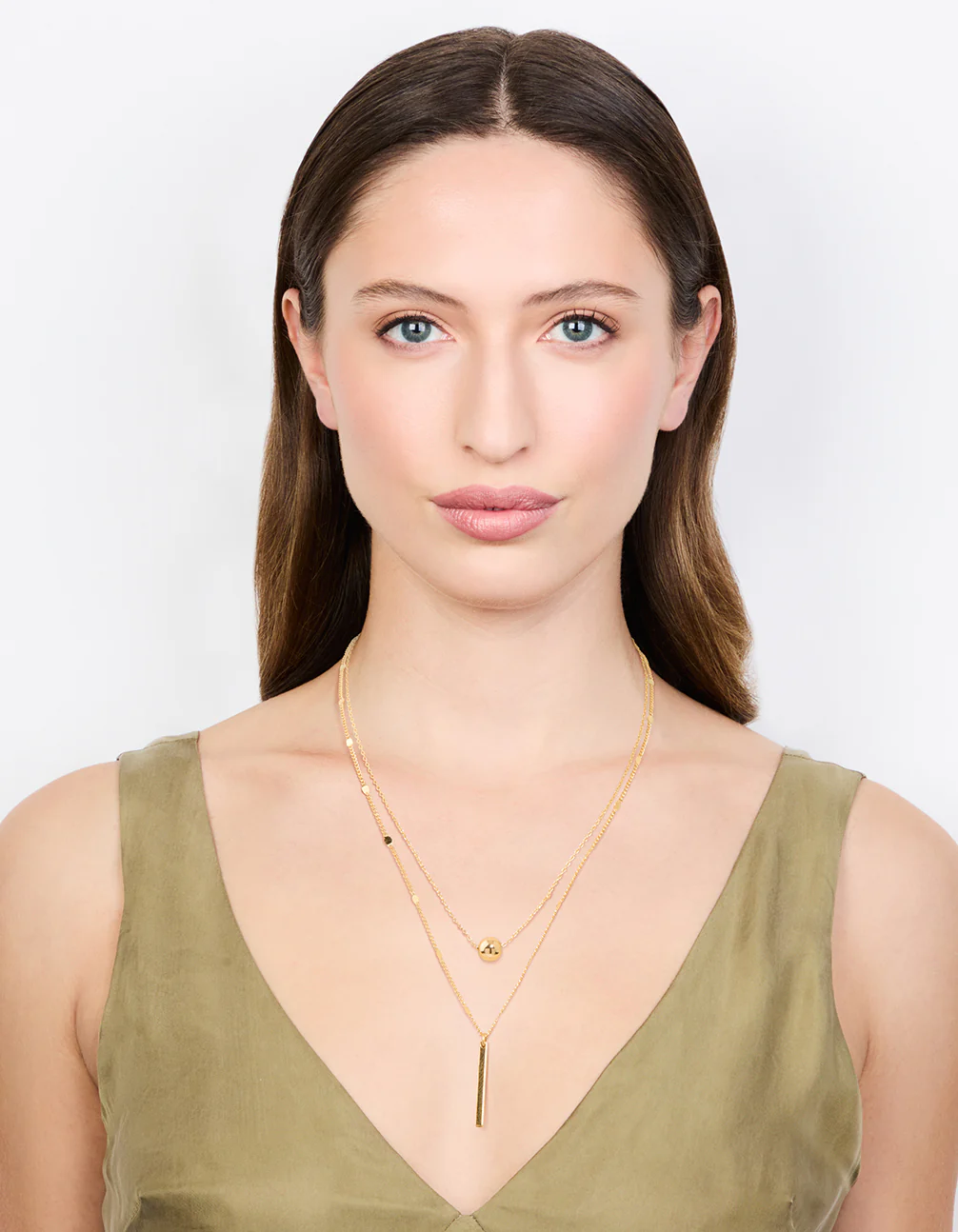Gold Bar & Ball Double Chain Short Layered Necklace - Image 3