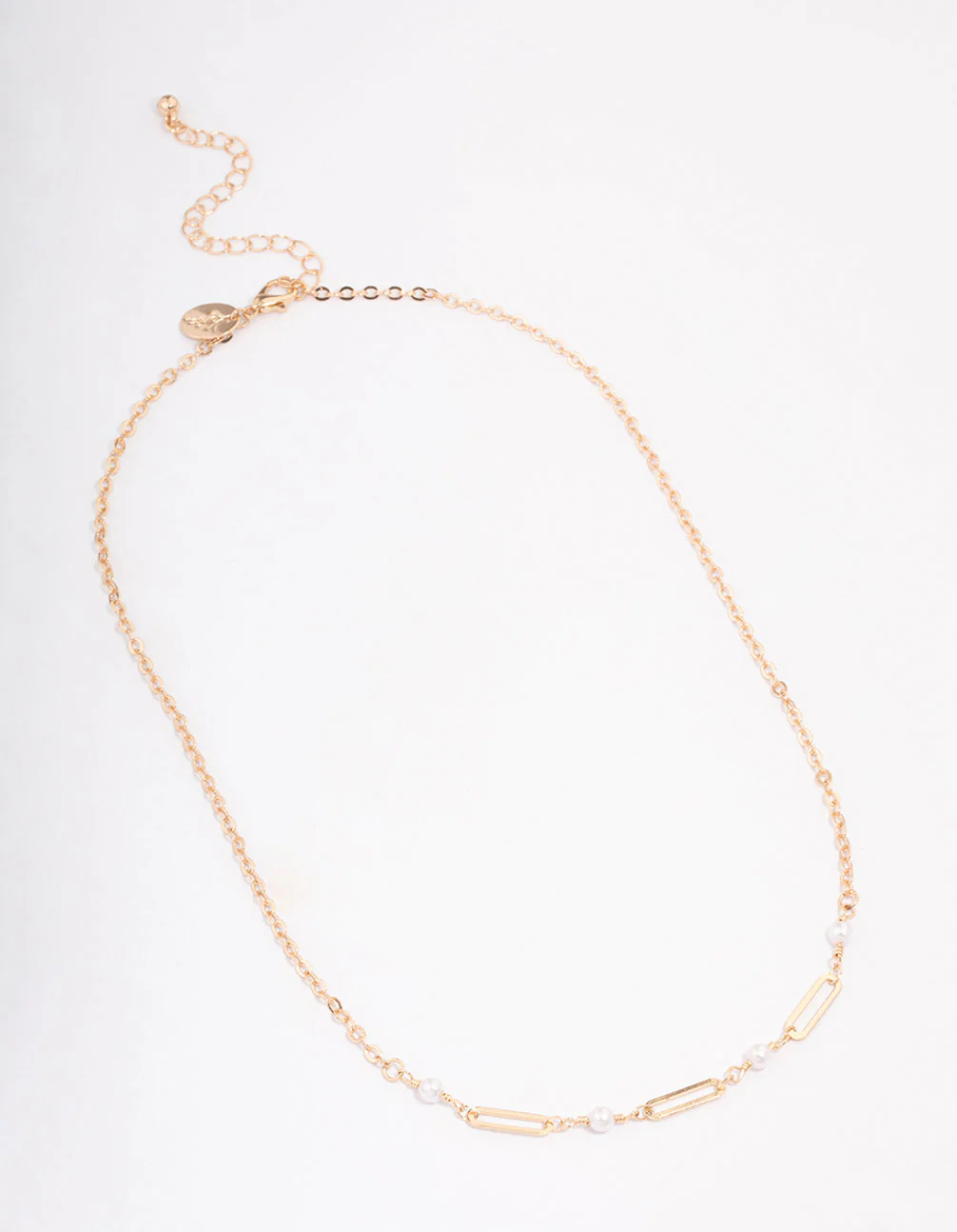 Gold Pearl Rectangle Link Short Necklace - Image 2
