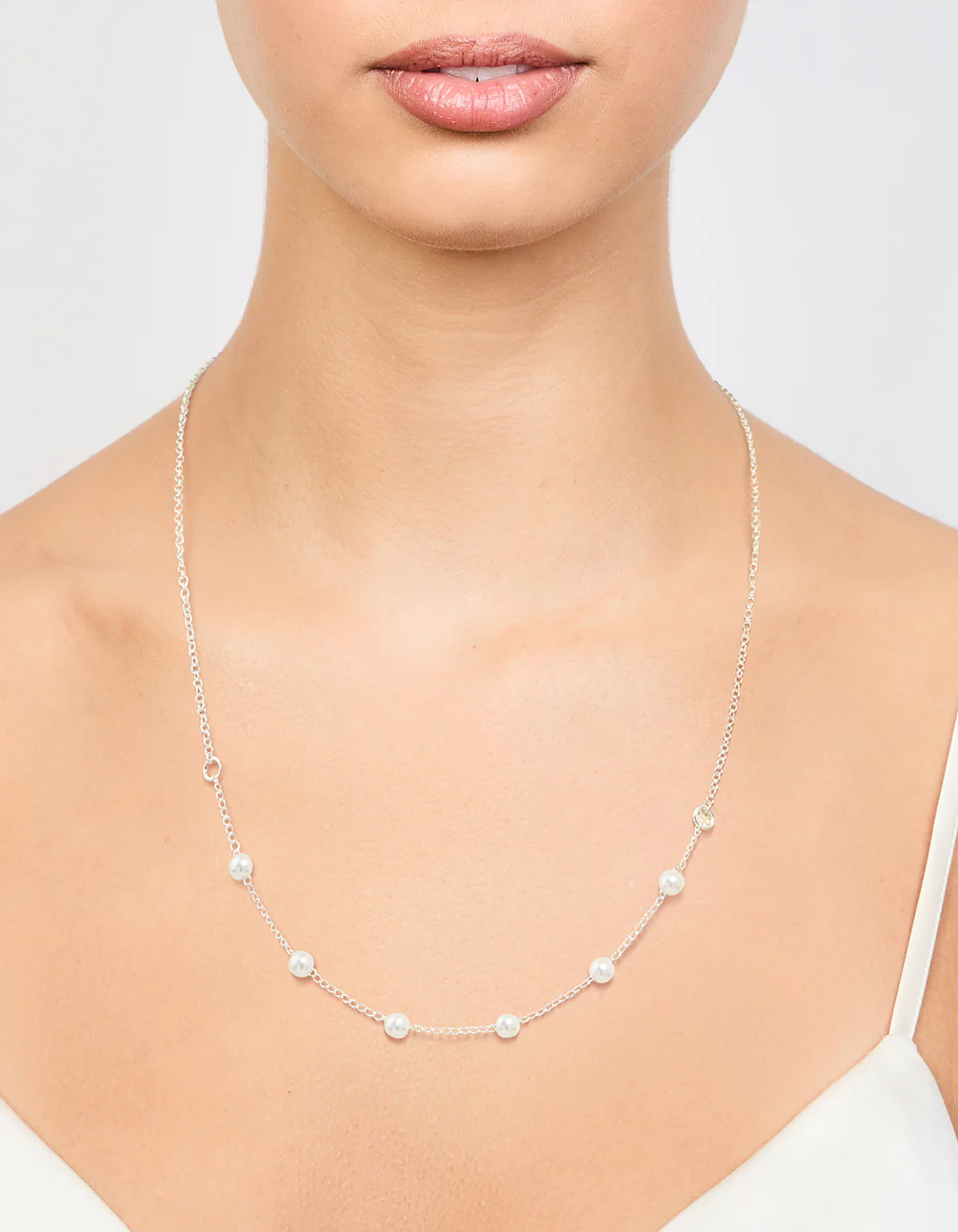 Silver Dainty Pearl Station Necklace - Image 2