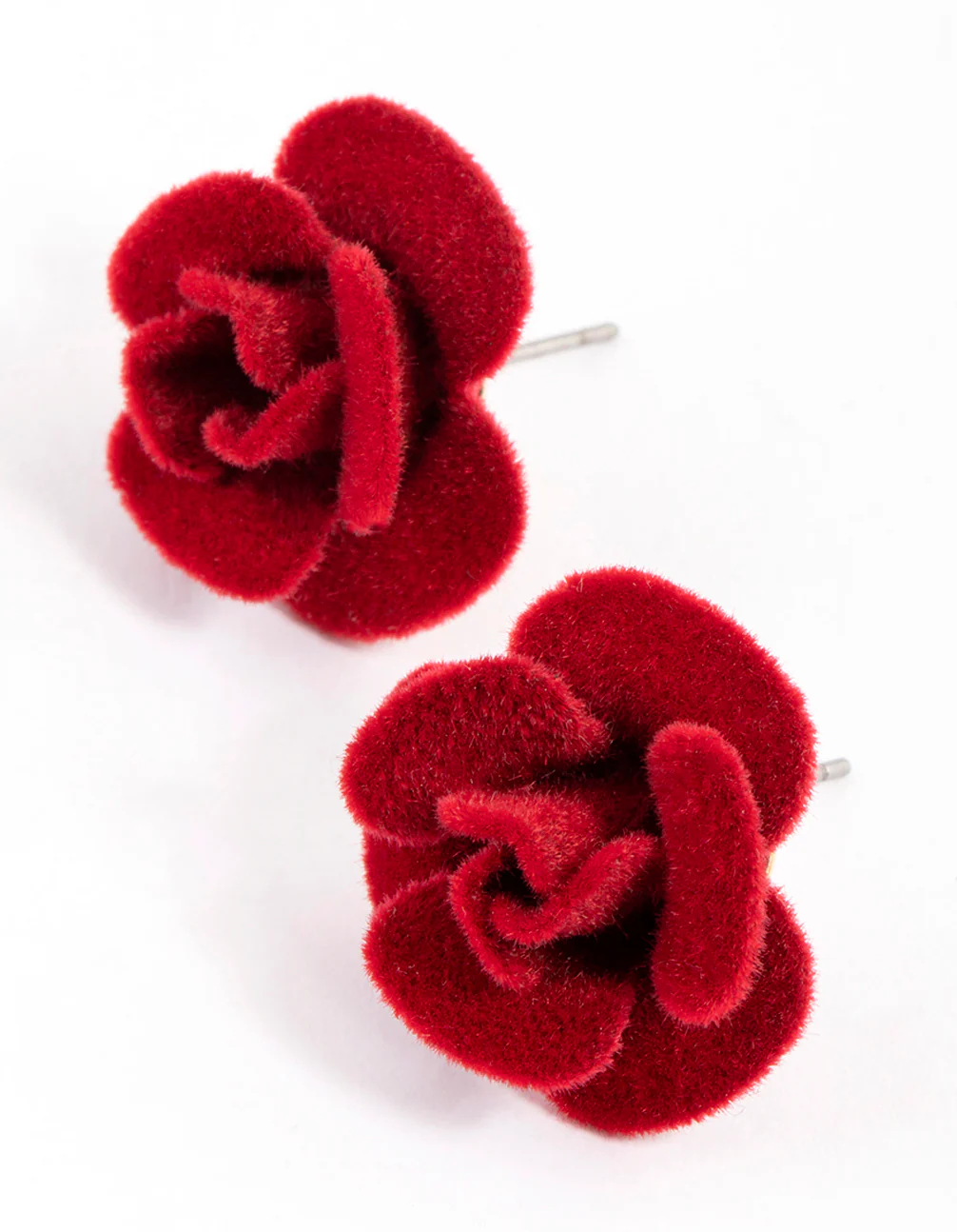 Red Fabric Velvet Rose Stud Earrings - Image 2