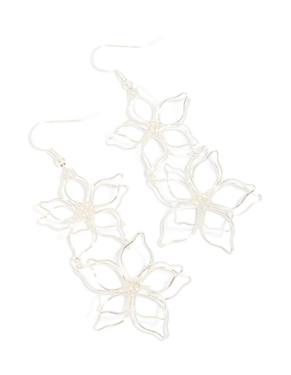 Silver Double Wire Flower Drop Earrings - Image 2