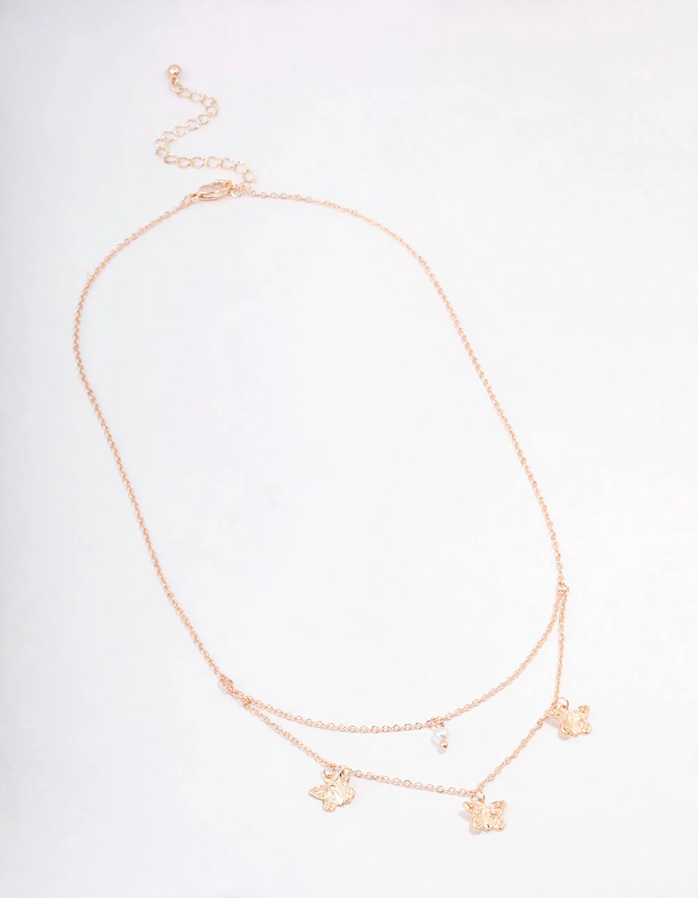 Rose Gold Butterfly Pearl Double Chain Necklace - Image 2