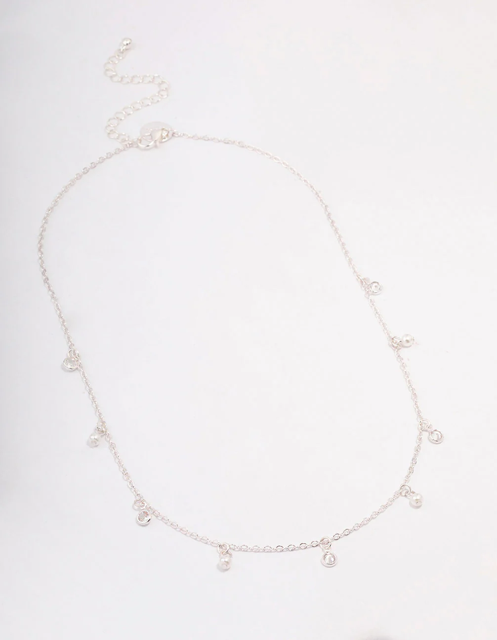 Silver Diamante & Pearl Drop Station Necklace - Image 2