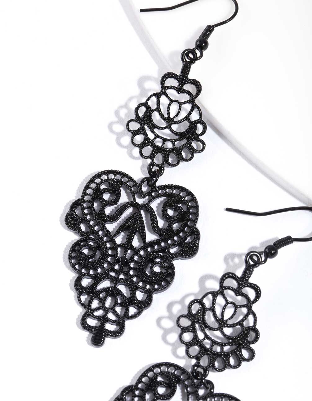 Black Large Filigree Drop Earrings - Image 2