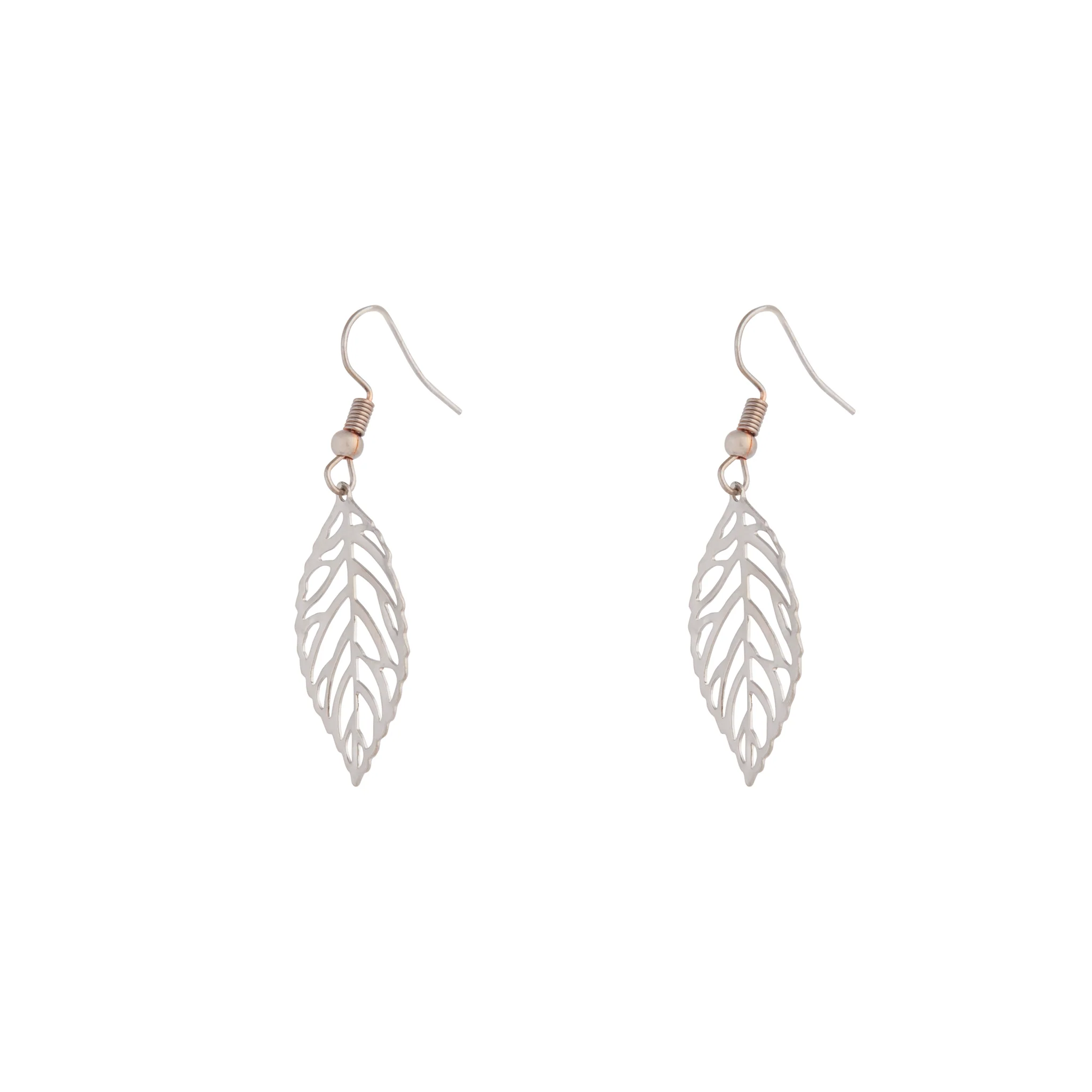 Silver Single Leaf Filigree Drop Earrings - Image 2
