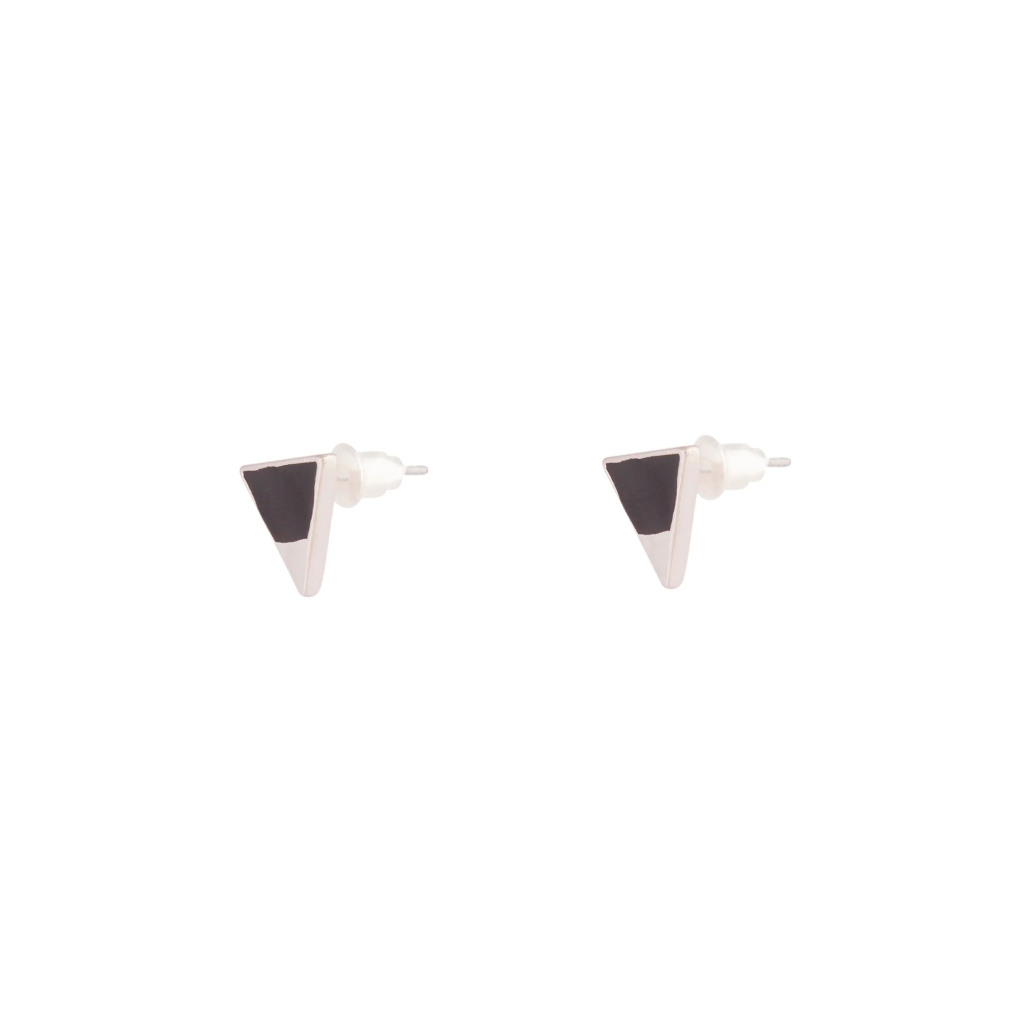 Silver Half Enamel Black Triangle Stud Earrings - Image 2