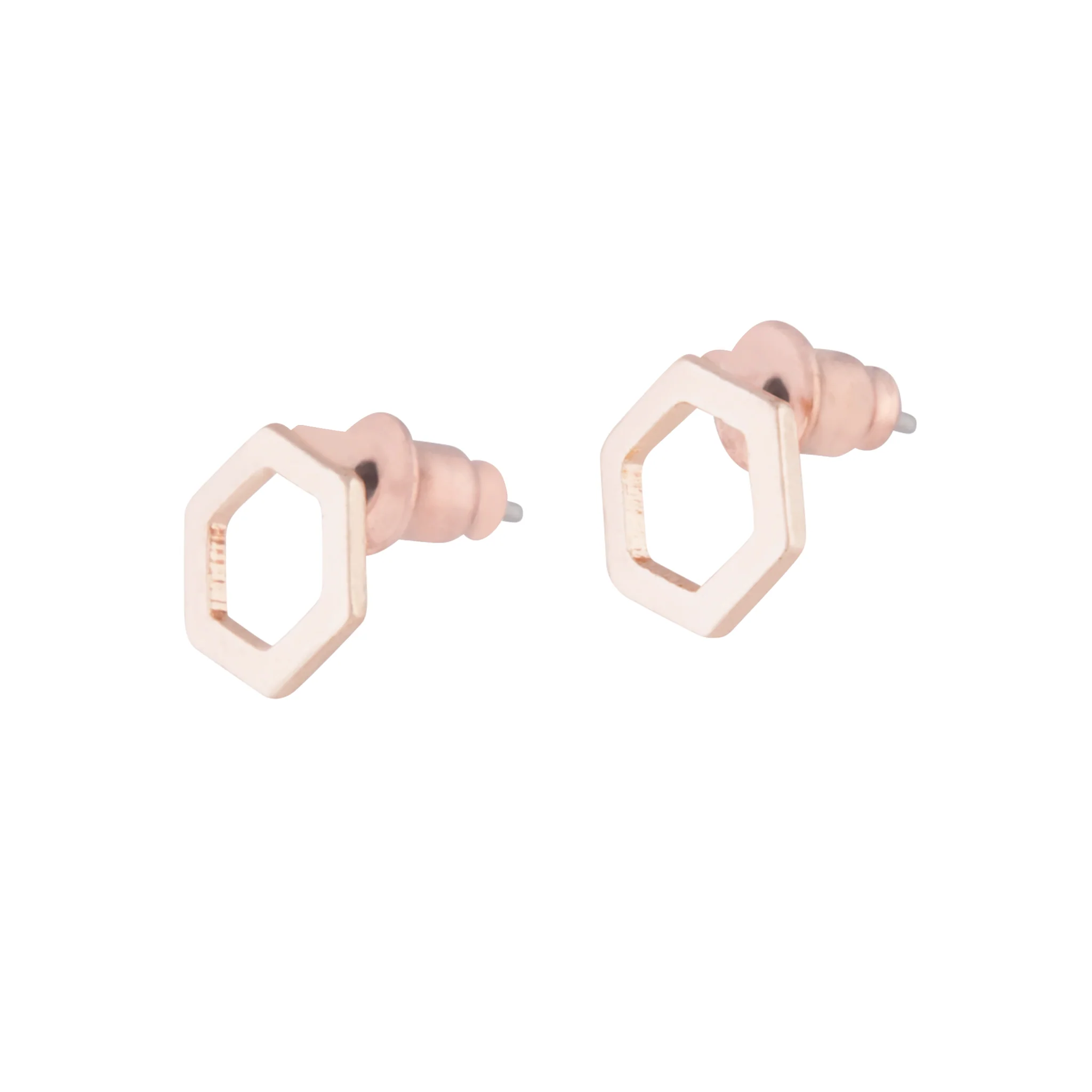 Rose Gold Open Hexagon Stud Earrings - Image 2