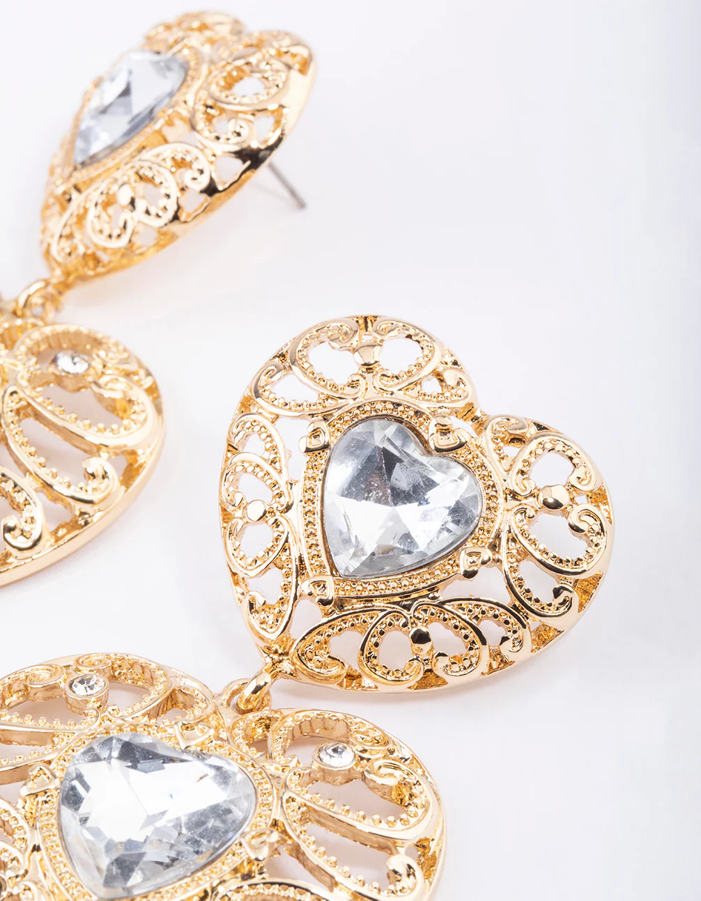 Gold Crystal Textured Heart Earrings - Image 3