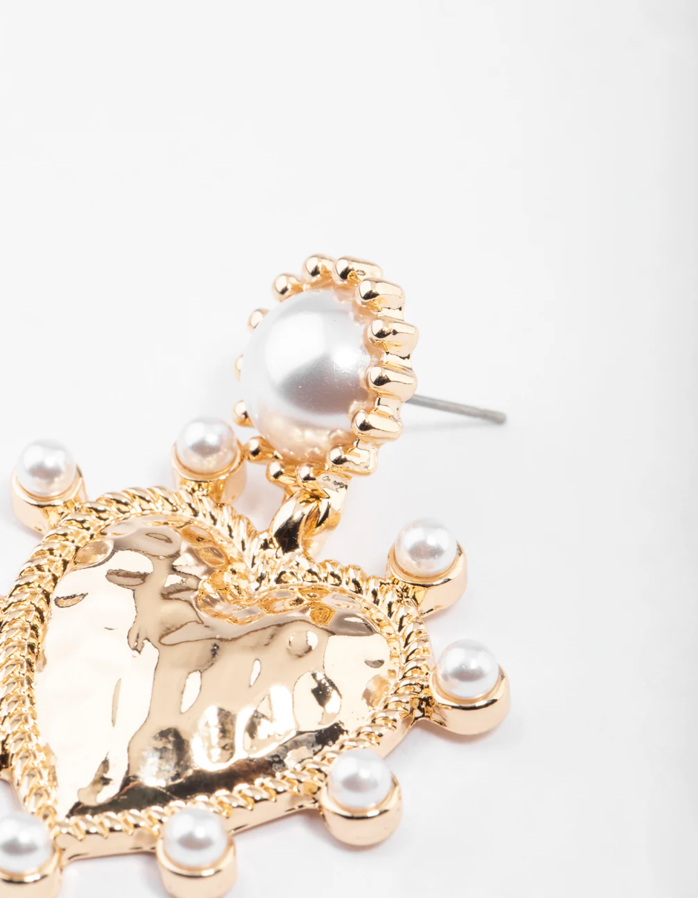 Gold Hammered Heart Pearl Earrings - Image 2