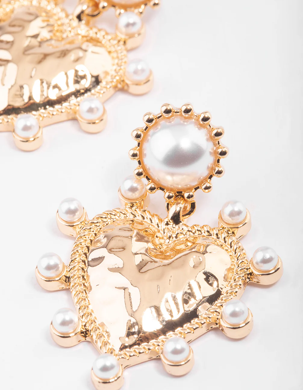 Gold Hammered Heart Pearl Earrings - Image 3