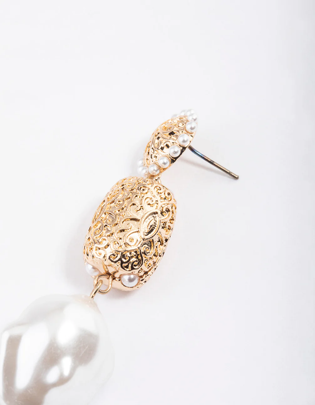 Gold Textured Pearl Drop Earrings - Image 2