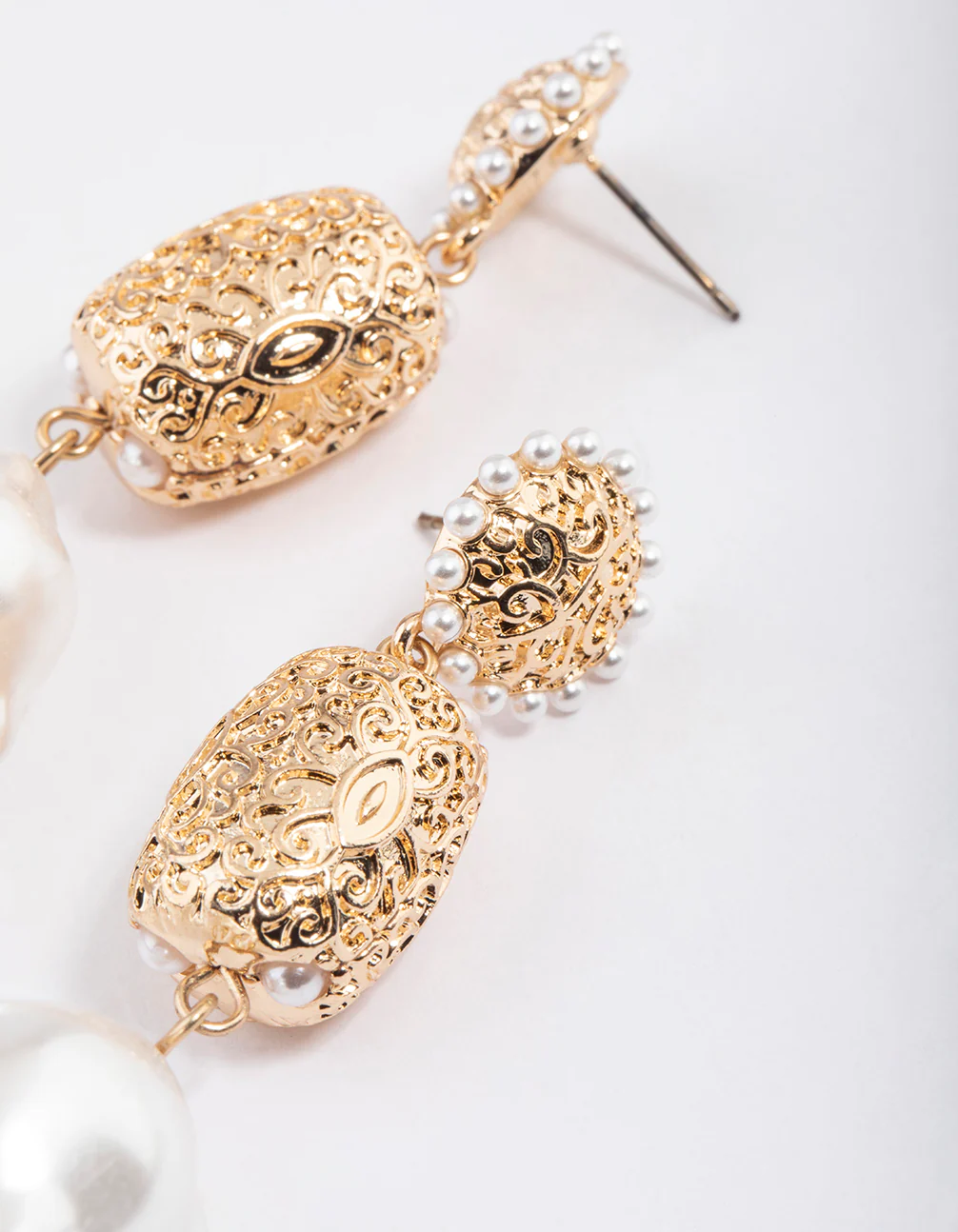 Gold Textured Pearl Drop Earrings - Image 3