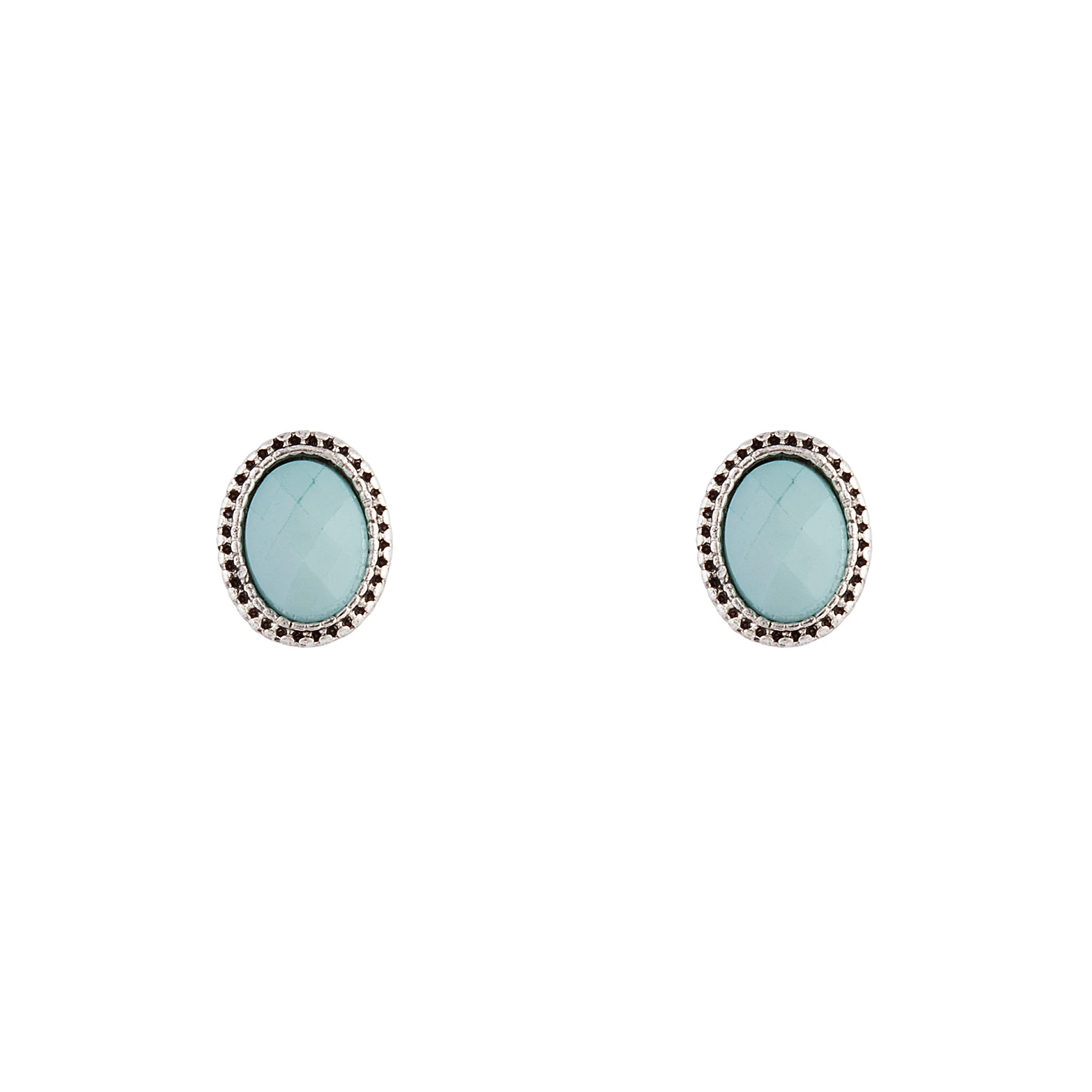 Antique Silver Blue Oval Stud Earrings