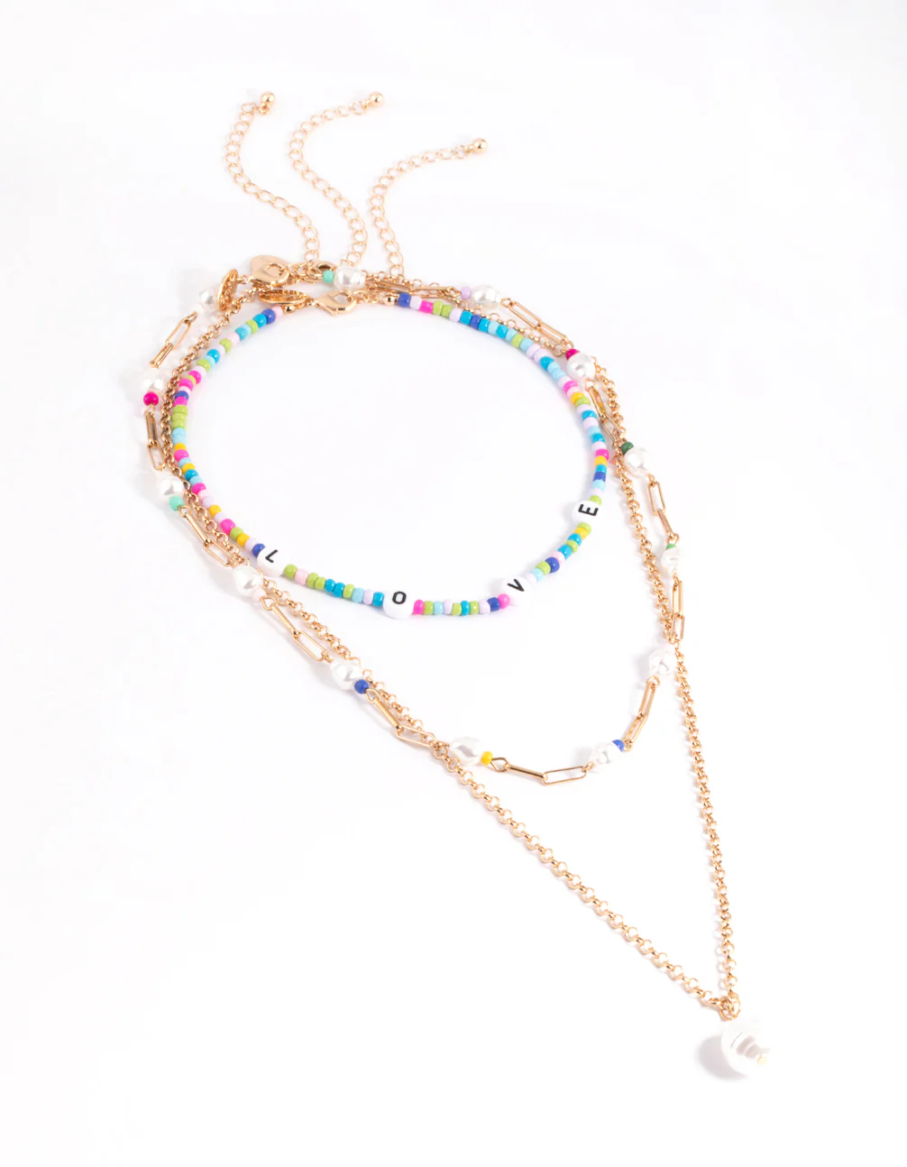 Gold 3 Row Love Mix Bead Pearl Necklace - Image 2