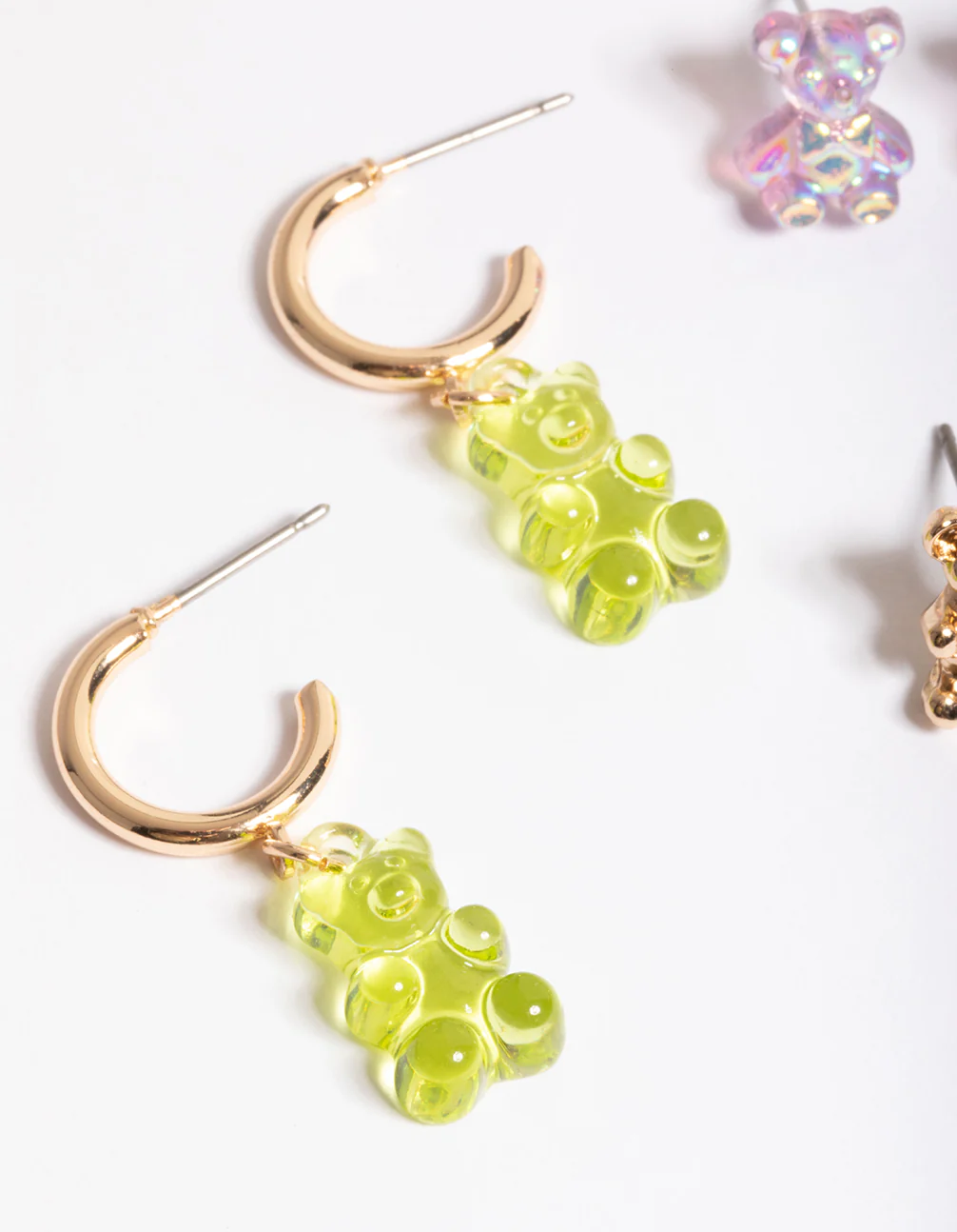 Mixed Lilac & Lime Green Bear Huggie Earrings Pack - Image 2