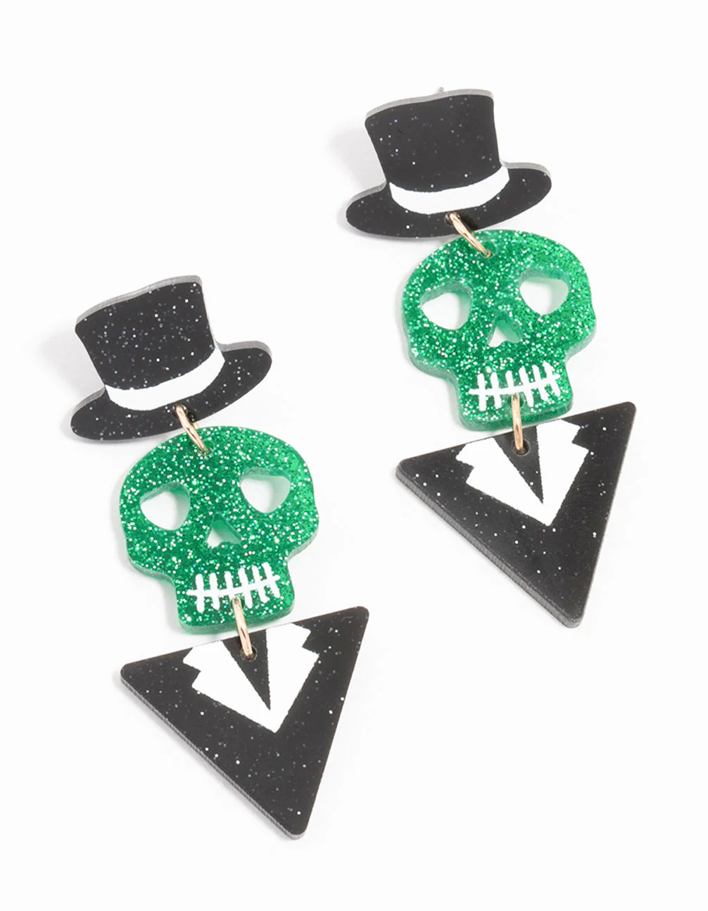 Acrylic Black & Green Glitter Skull Suit Drop Earrings