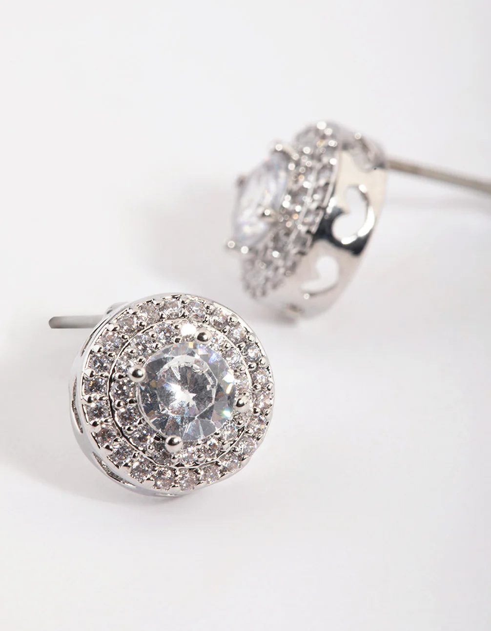 Silver Cubic Zirconia Round Halo Stud Earrings - Image 3
