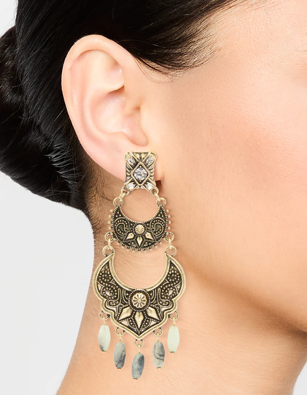 Antique Gold Beaded Textured Drop Earrings - Image 2