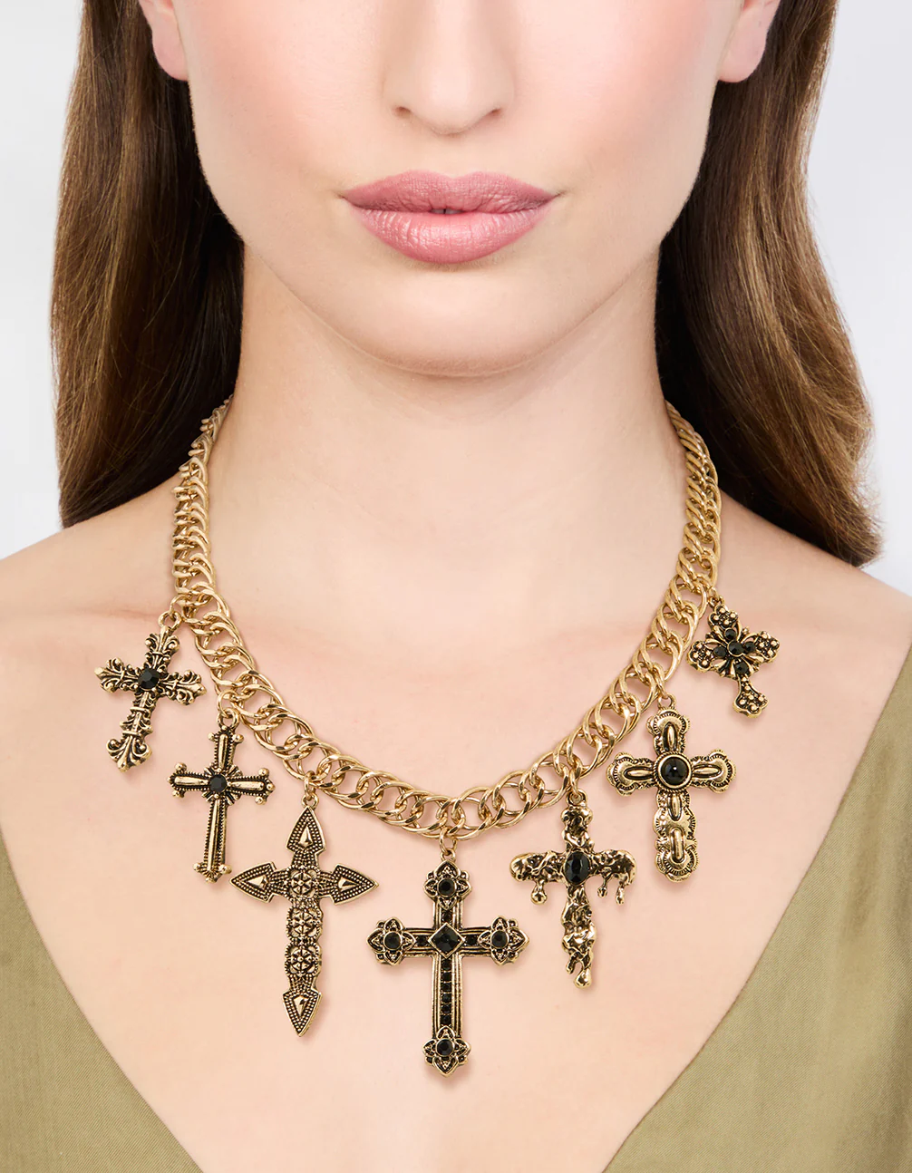 Antique Gold Black Metallic Cross Charm Necklace - Image 2