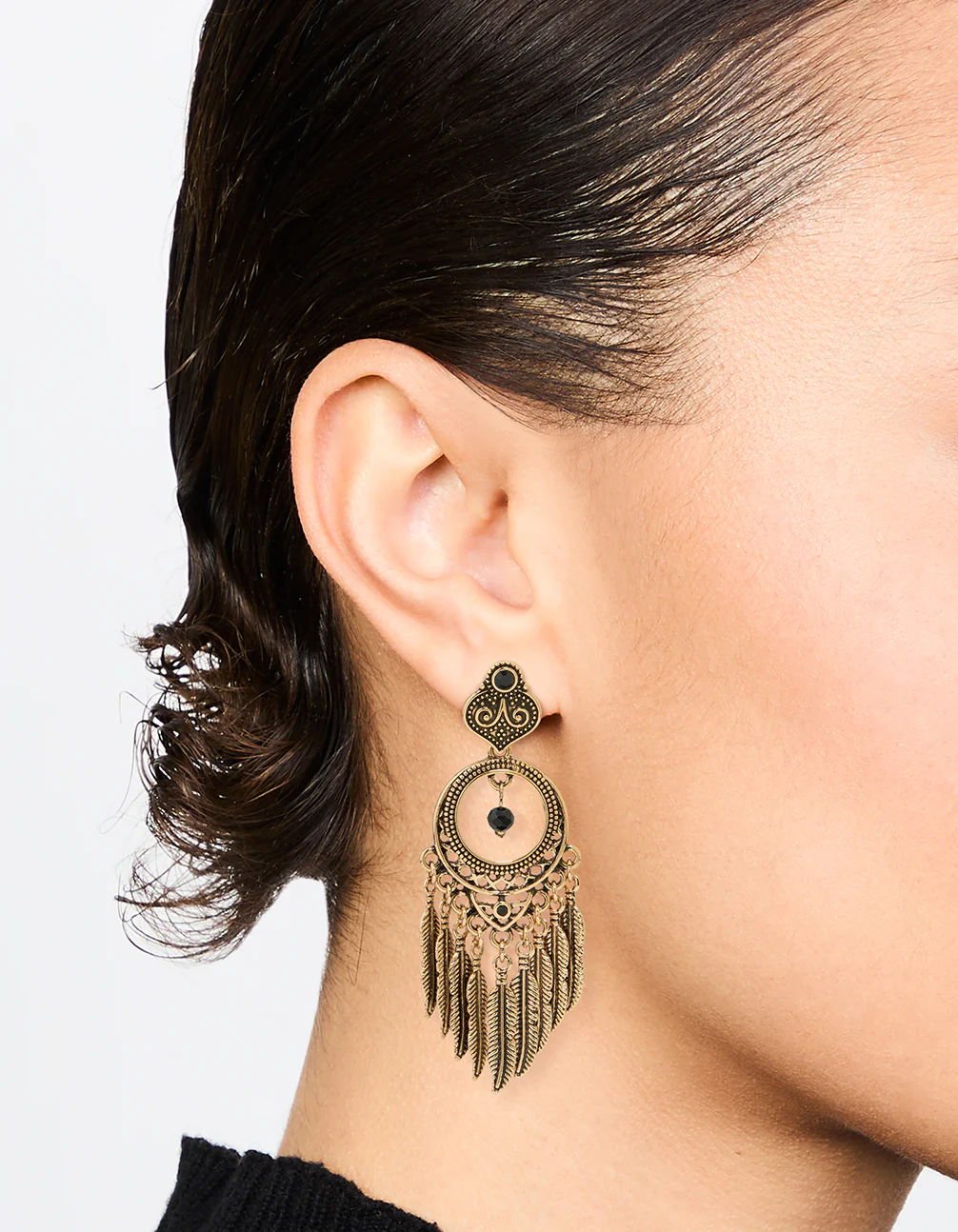 Antique Gold Black Patterned Dreamcatcher Tassel Drop Earrings - Image 2