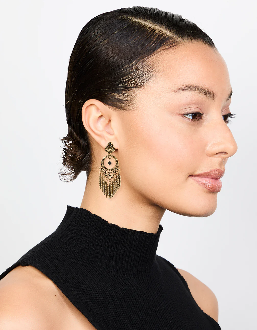 Antique Gold Black Patterned Dreamcatcher Tassel Drop Earrings - Image 3