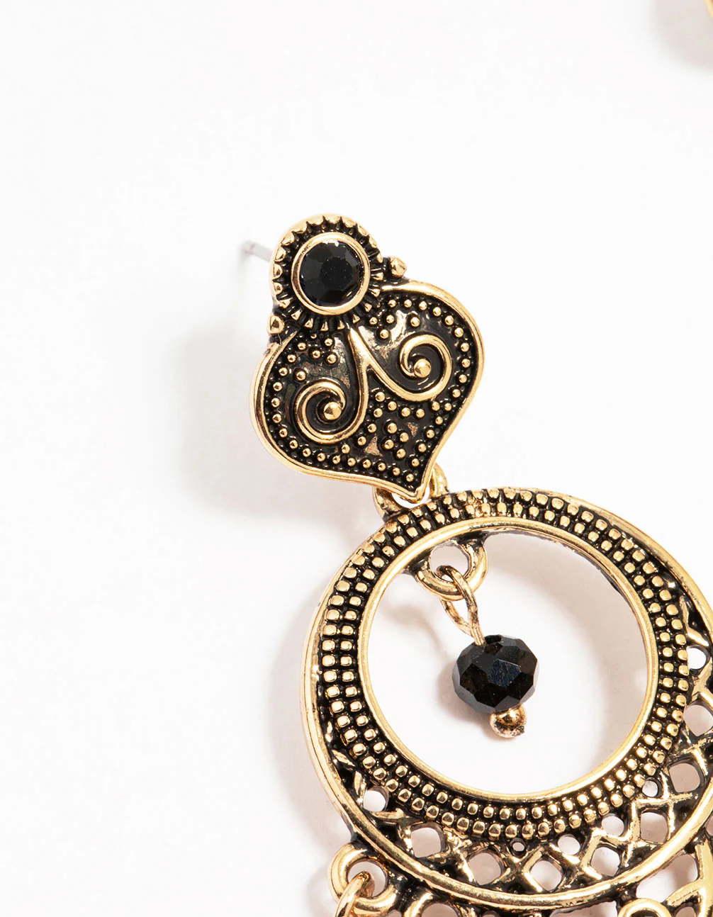 Antique Gold Black Patterned Dreamcatcher Tassel Drop Earrings - Image 4