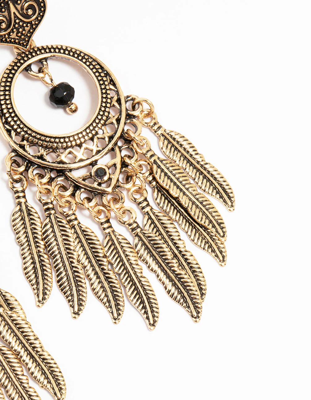 Antique Gold Black Patterned Dreamcatcher Tassel Drop Earrings - Image 5