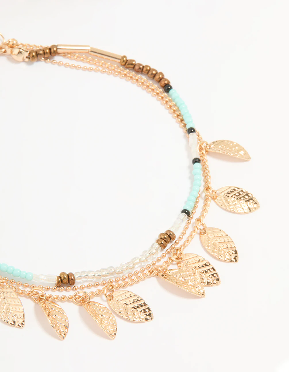 Antique Gold Blue Beaded & Leaf Layered Anklet - Image 2