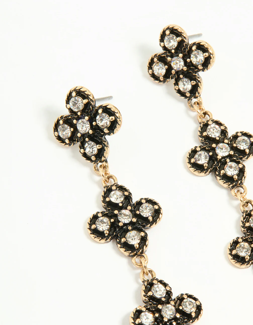 Antique Gold Diamante Black Flower Drop Earrings - Image 2