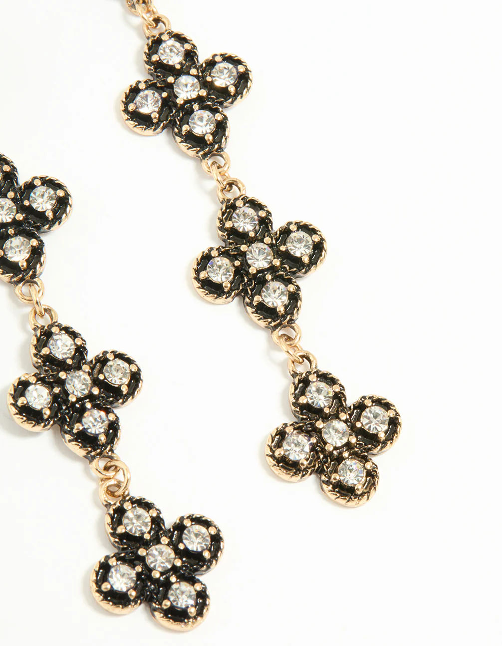 Antique Gold Diamante Black Flower Drop Earrings - Image 3