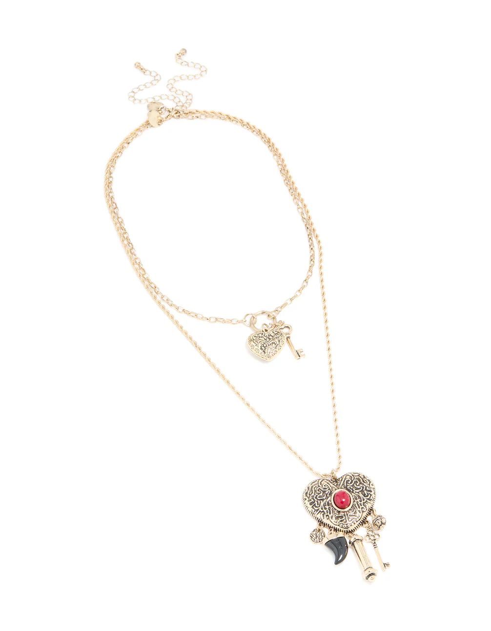 Antique Gold Double Heart Layered Necklace - Image 2