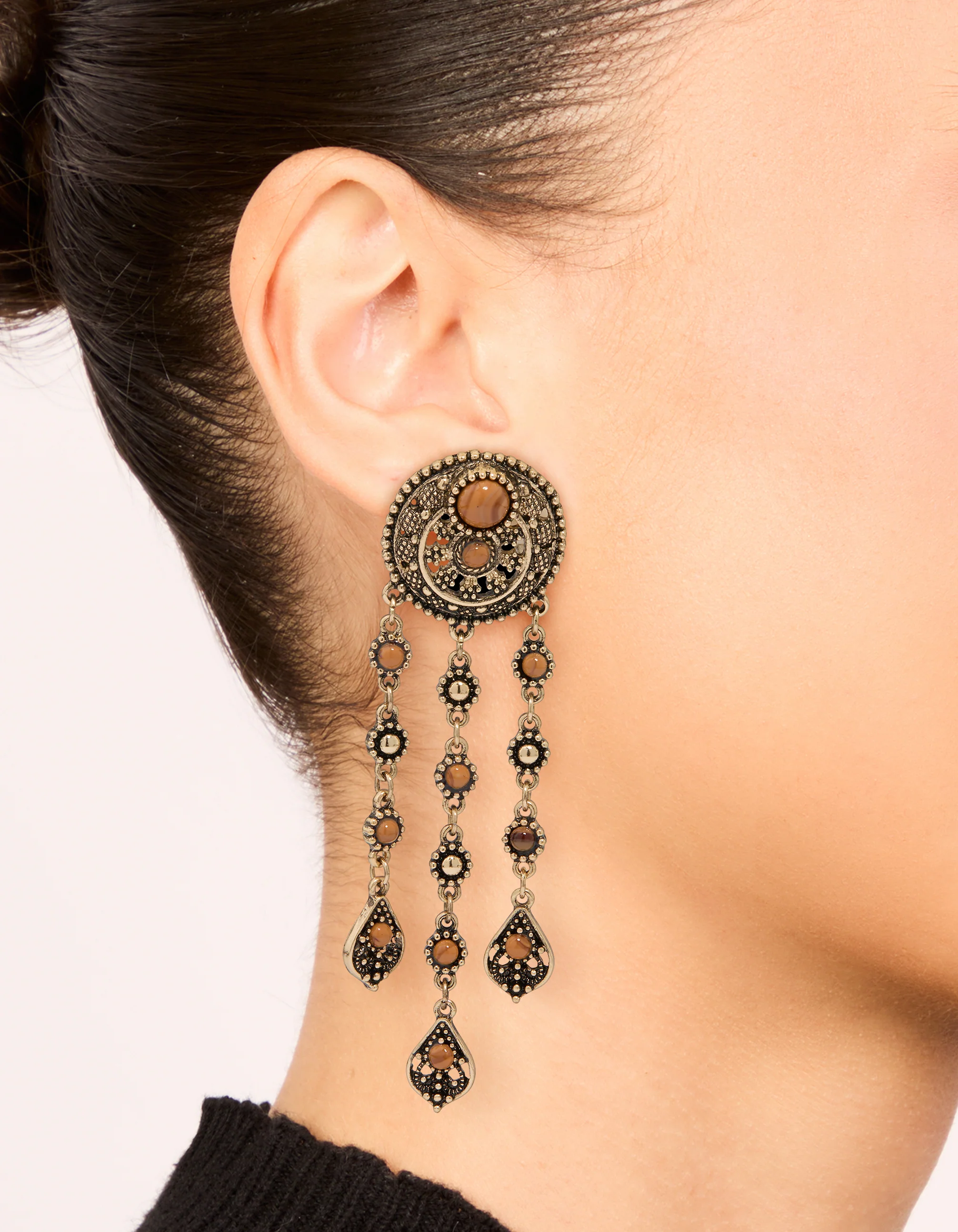 Antique Gold Orange Circle Drop Earrings - Image 2