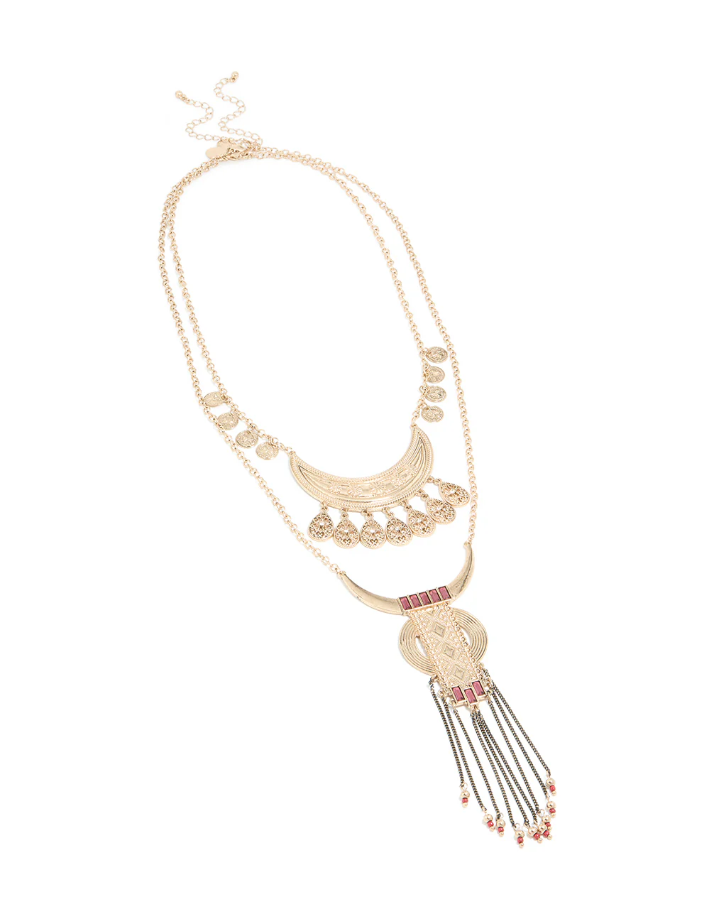 Antique Gold Red Beaded Patterned Necklace - Image 2