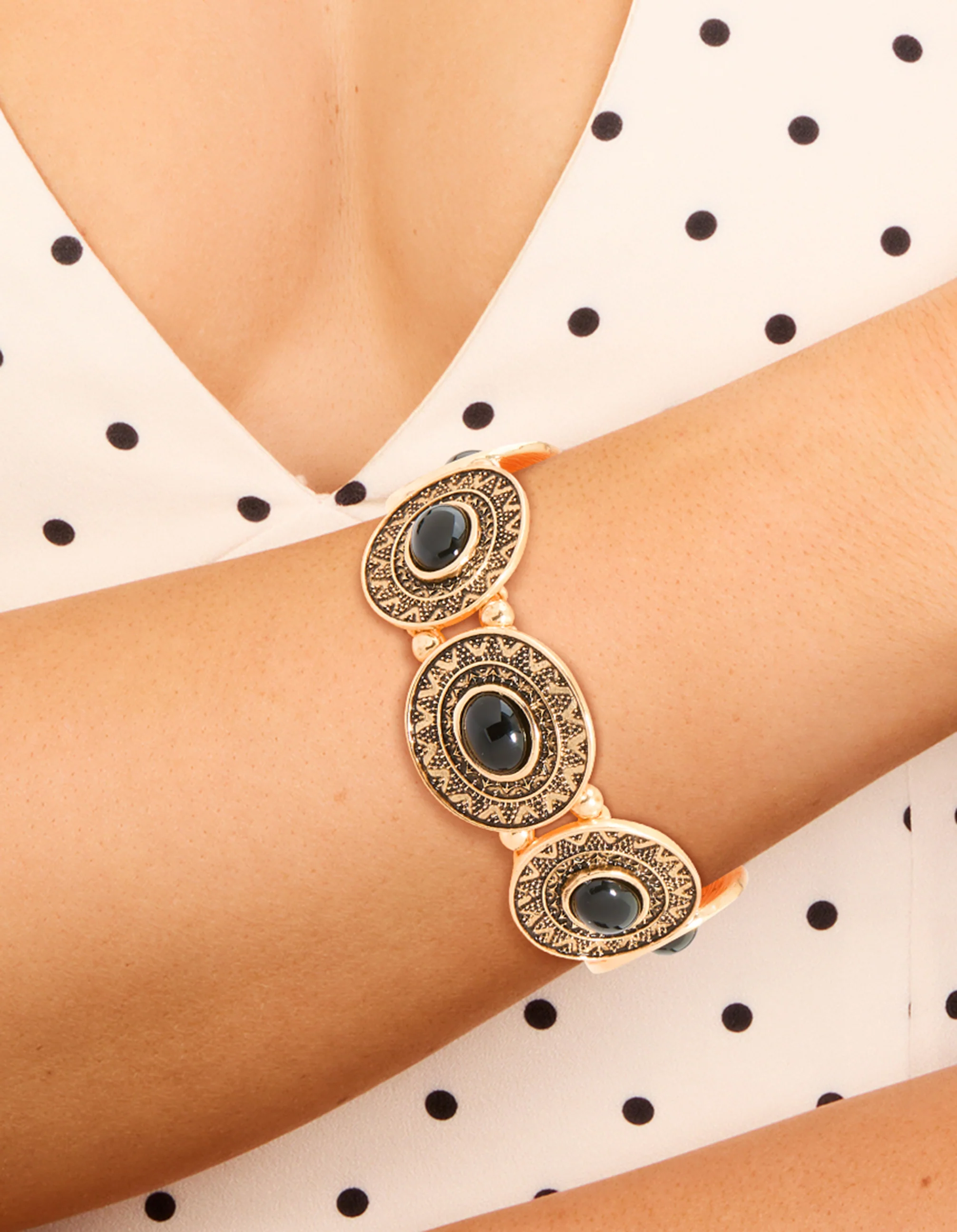 Antique Gold Textured Boho Large Stretch Bracelet - Image 2
