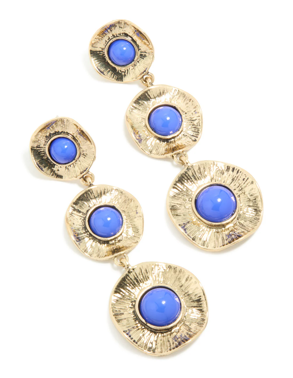 Antique Gold Textured Triple Blue Stone Layered Drop Earrings - Image 2