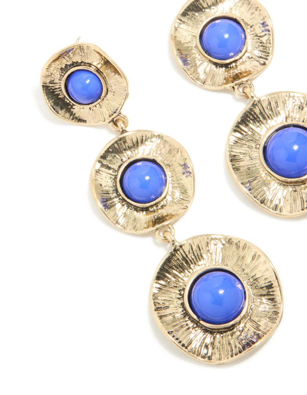 Antique Gold Textured Triple Blue Stone Layered Drop Earrings - Image 4