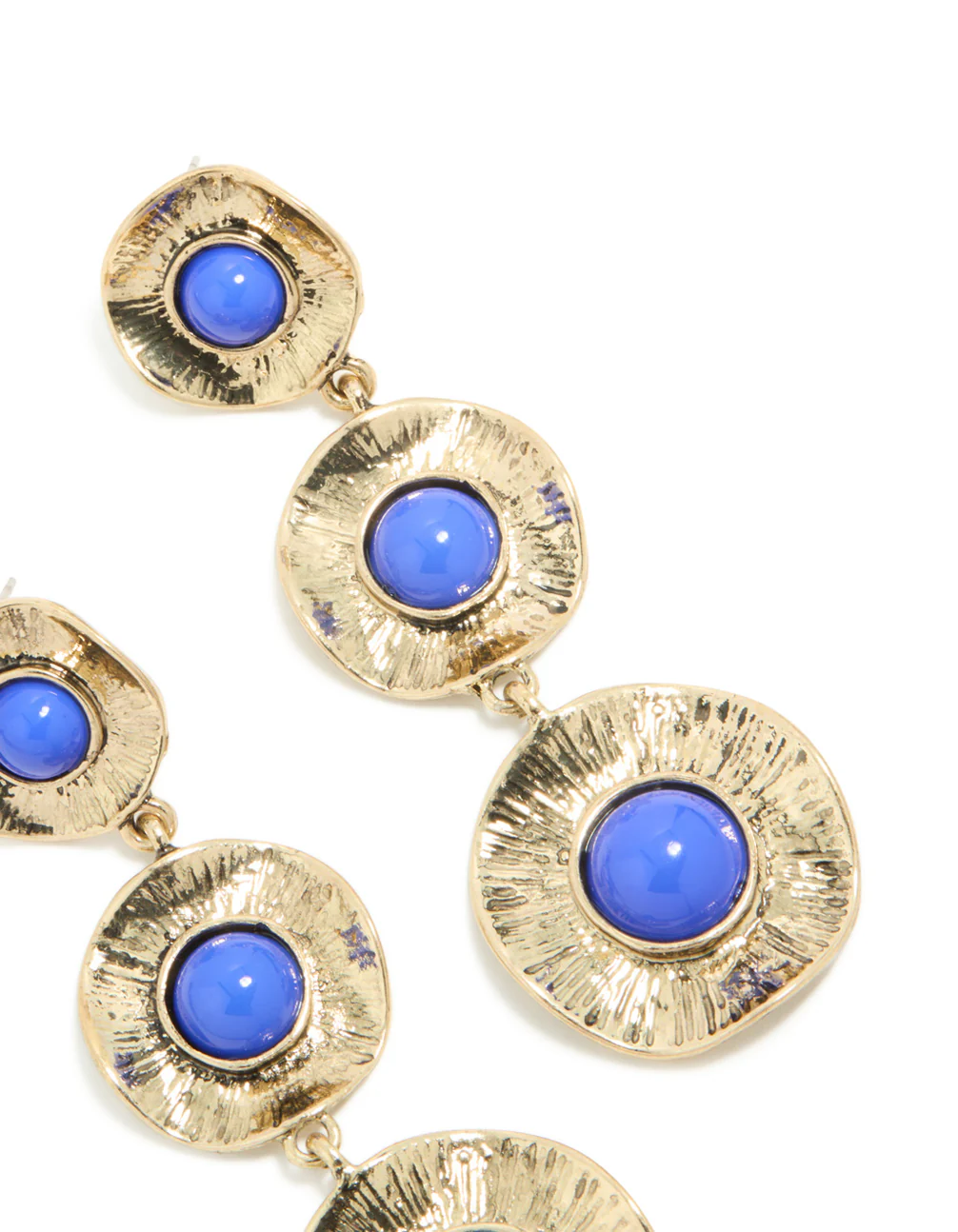 Antique Gold Textured Triple Blue Stone Layered Drop Earrings - Image 5