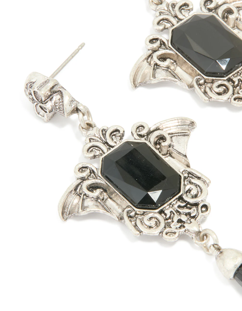 Antique Silver Black Gothic Cross Drop Earrings - Image 2