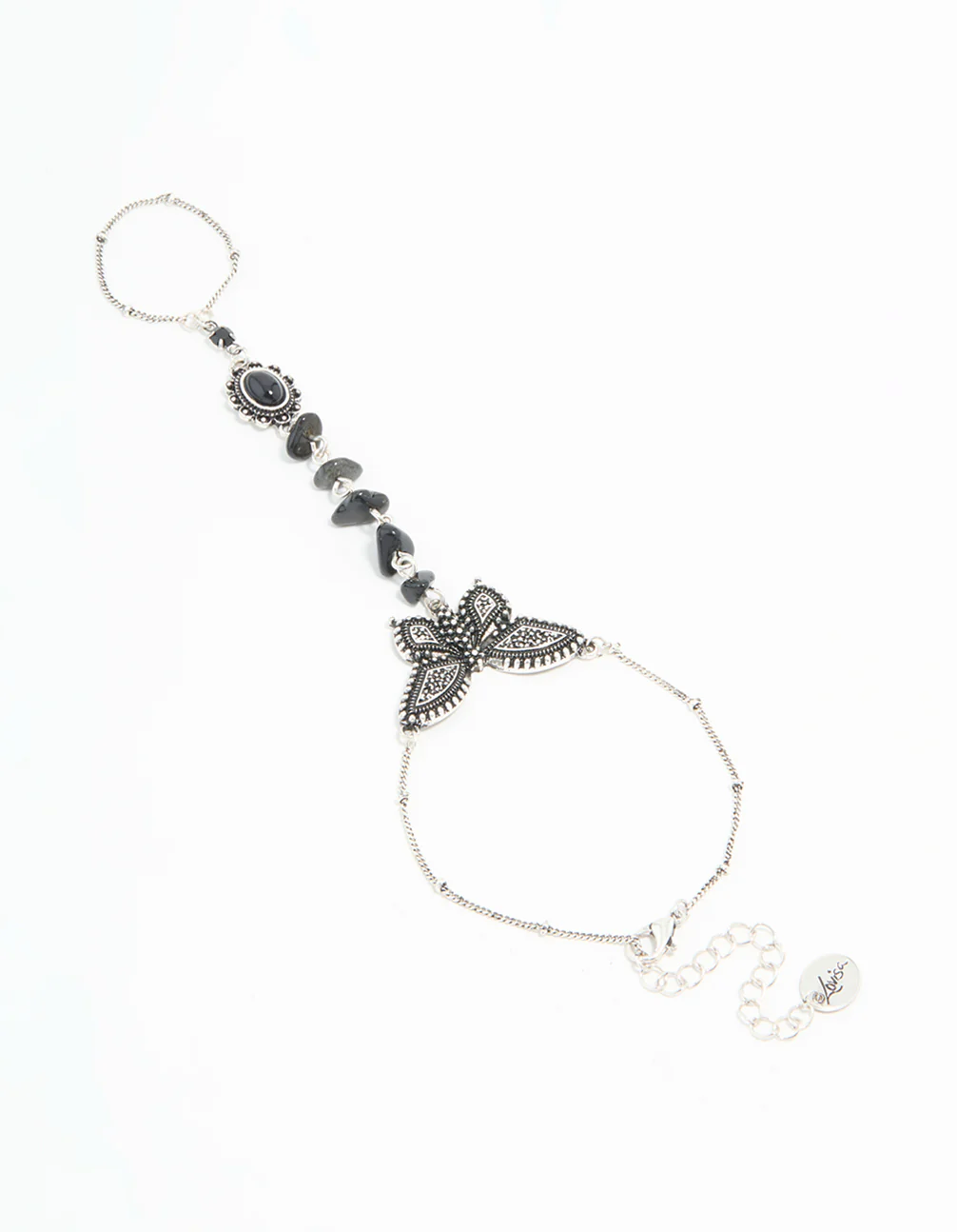 Antique Silver Black Stone & Butterfly Hand Chain