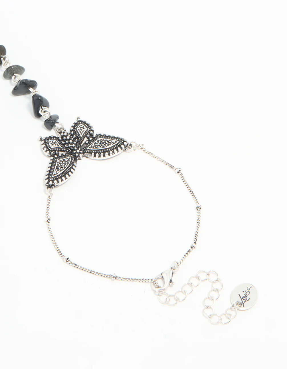 Antique Silver Black Stone & Butterfly Hand Chain - Image 3