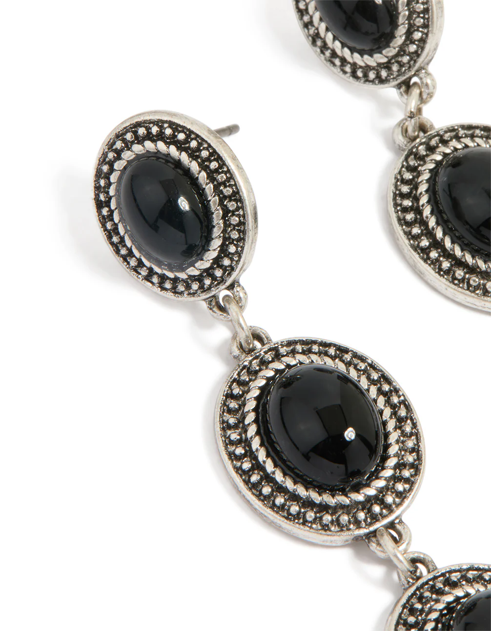 Antique Silver Black Stone Textured Circle Drop Earrings - Image 2
