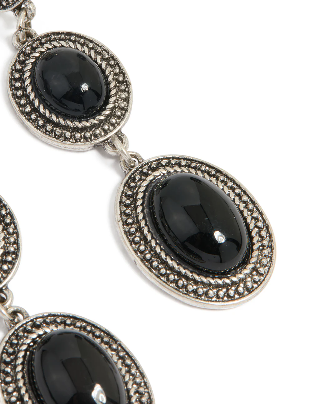 Antique Silver Black Stone Textured Circle Drop Earrings - Image 3