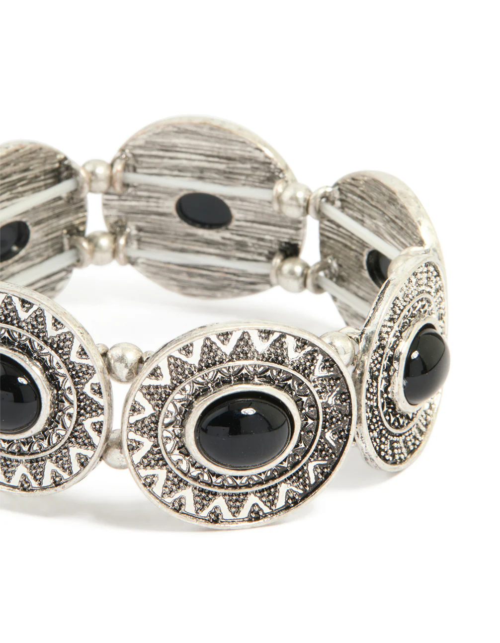 Antique Silver Black Stone Textured Large Stretch Bracelet - Image 2