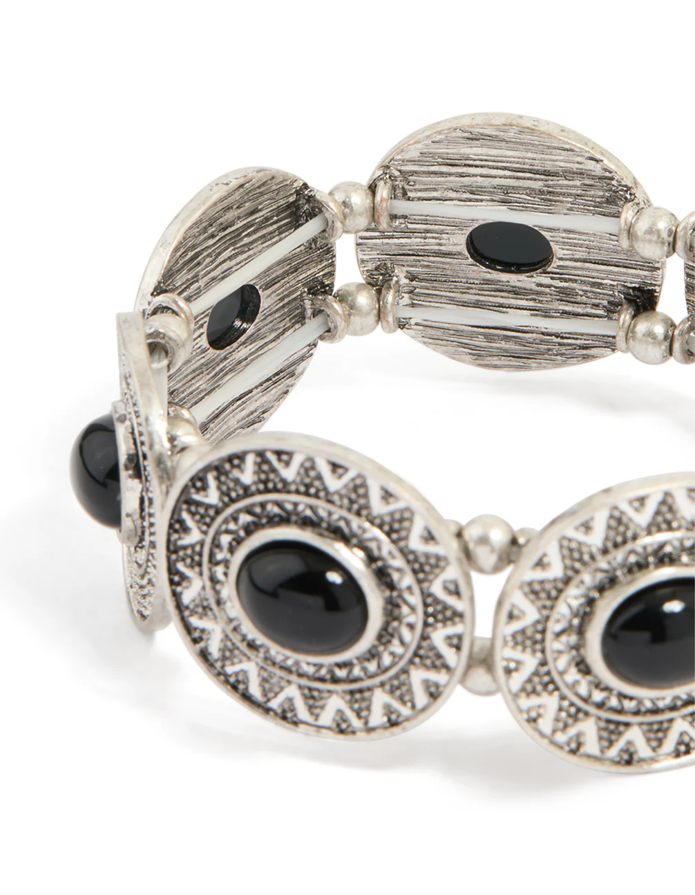 Antique Silver Black Stone Textured Large Stretch Bracelet - Image 3