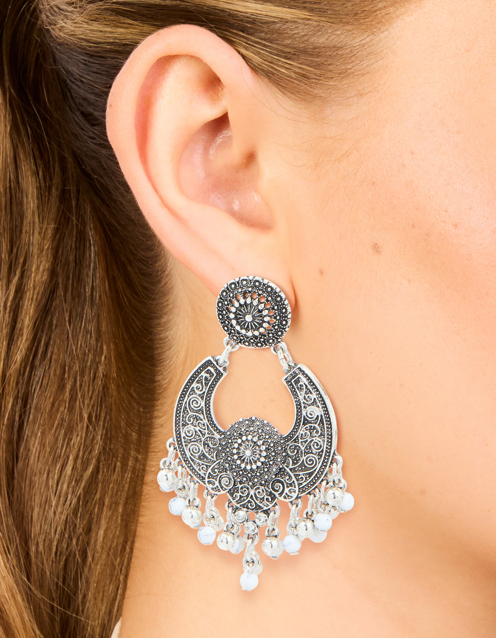 Antique Silver Boho Dangle Drop Earrings - Image 2